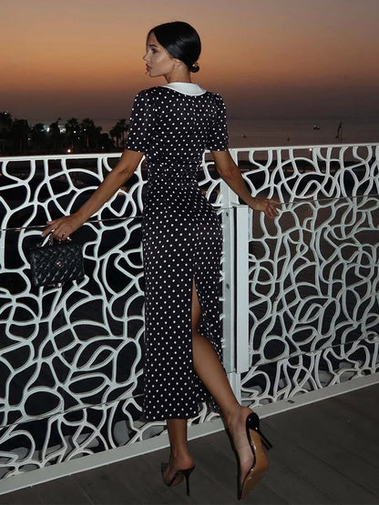 🍒Dot printed dress short sleeve womens clothing fashion wear midaxi dress outfit smart casual clothes v-neck