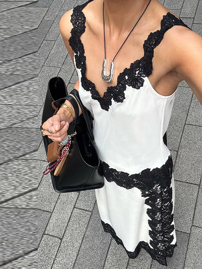 🍒 Lace camisole top and maxi skirt set women patchwork sleeveless backless tops and long loose skirts sets female summer fashion occasion party wear clothing smart casual women Lady Lace