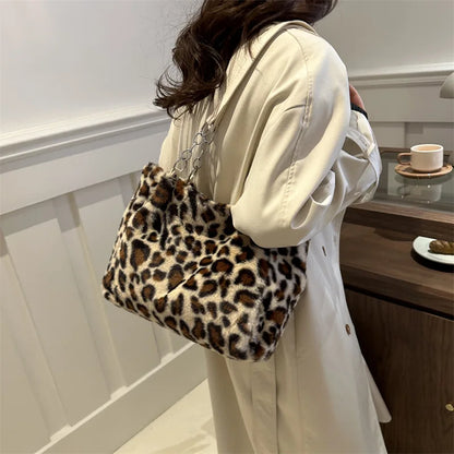 🍒Leopard print tote bag large capacity over shoulder bag fur shopper bag women's faux fur handbags for college Carry Animal
