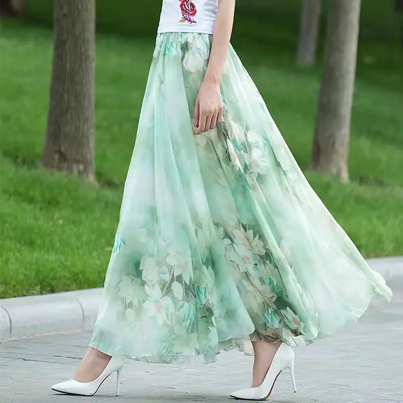 🍒 Floral summer skirts for women print female fashion wear high waist skirt outfit elegant a- line boho maxi smart casual clothes    A -line Of Pretty Florals
