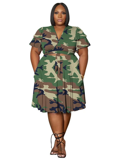 🍒Plus size skirt sets casual v-neck crop tops for women and matching camouflage short skirt two piece matching outfits Go Large In Camouflage