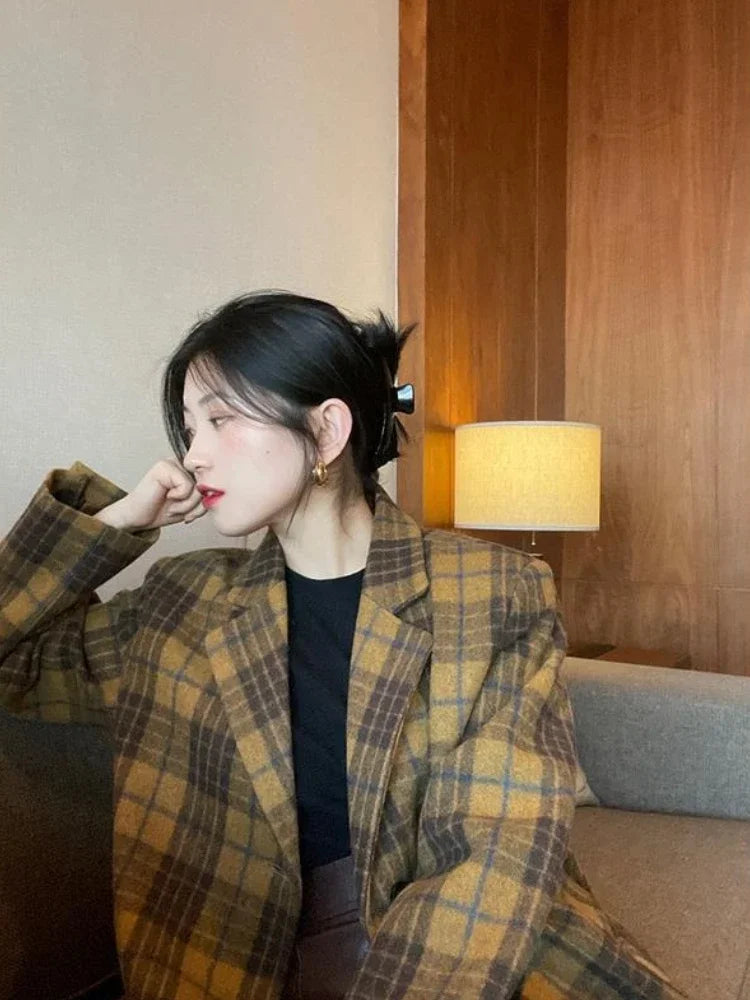 🍒Womens brown blazer vintage wool plaid Jacket autumn winter british style trendy eye catching yellow check coat long sleeve female smart casual clothing Chunky Check Charm