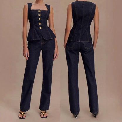 🍒Two piece sets for women piece Sets mom Jeans sleeveless denim tops and jean set long pants high waist Y2k style fashion elegant work clothing all match Get This Single Breast Double Denim And You Will Be Triple Excited