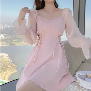 🍒Pink dresses women spring summer sweet heart neckline outfit a-line mini dress with puff sleeves lace up draw string sides waist feminine fashion A- Pretty Pink