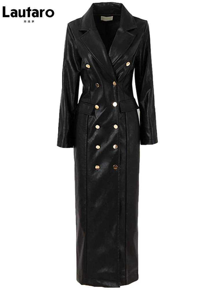 🍒Extra long faux leather trench coat for women double breasted luxury elegant long smart casual pu outerwear Keep aBREAST of DOUBLE take clothing