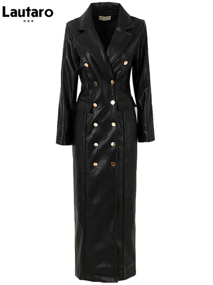 🍒Extra long faux leather trench coat for women double breasted luxury elegant long smart casual pu outerwear Keep aBREAST of DOUBLE take clothing