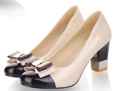 🍒Colour block heels women's thick high shoes with bow on them pastel footwear for occasion party pumps pink and others Size 34-43 Treat Your Self To These Sweets