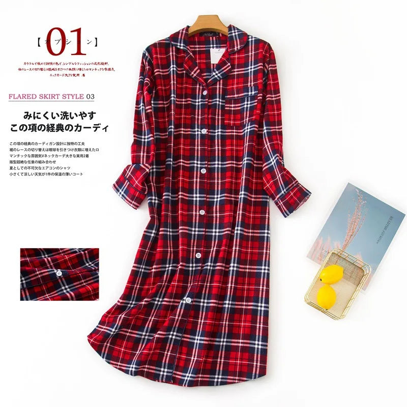 🍒pyjama nightie autumn and winter nightwear for women cotton flannel sleep shirt long sleeve nightshirt button down sleepdress No Flannel Flannel