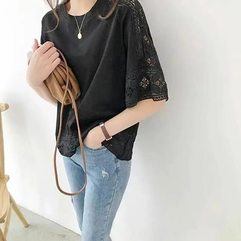 🍒Lace top women summer blouses short sleeve casual tees female tshirt solid color tunic oversized smart casual wear