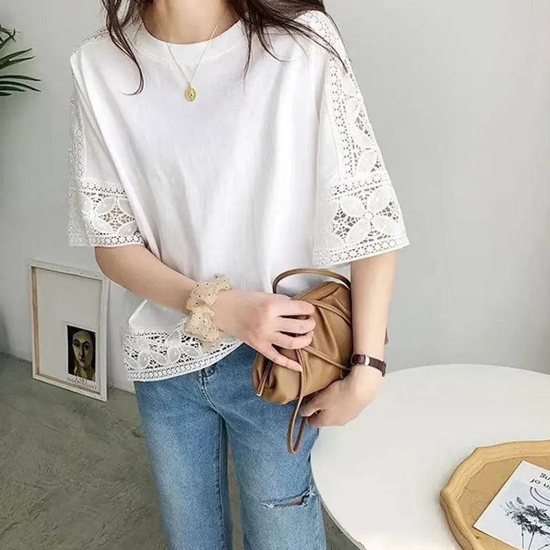 🍒Lace top women summer blouses short sleeve casual tees female tshirt solid color tunic oversized smart casual wear