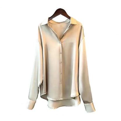 🍒Satin shirt women fashion smooth fabric versatile collar shirt elegant casual loose office long sleeves tops party evening wear party wear Super Sensual Satin