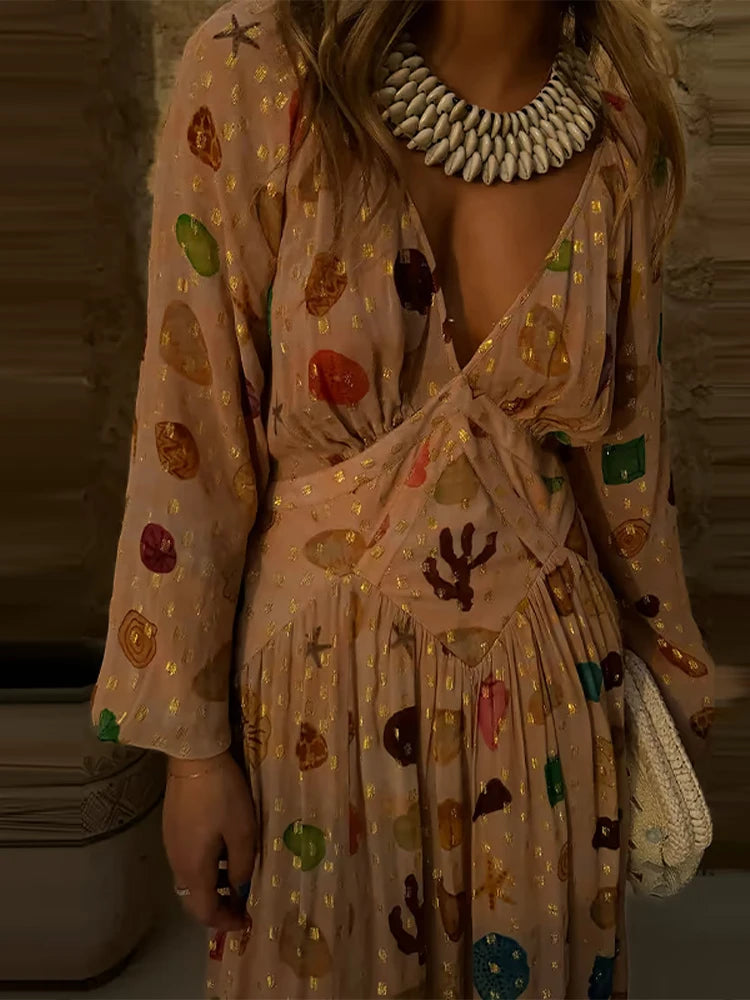🍒Mesh maxi dress printed for women v-neck long Sleeve drapey maxi outfit boho summer party clothing occasionwear dresses This diamond Is Gold