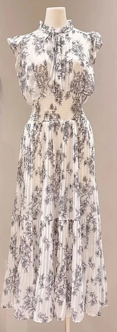 🍒Mid-length dresses for women printed high waisted outfit gentle literary pleated slim exquisite outfit smart casual flloral clothing