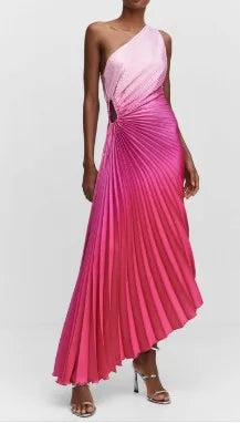 🍒One shoulder midi multicolour gradient printed dress pleated roll waist irregular hem maxi dress big sundial style midaxi outfit Sweet Summer Sundial