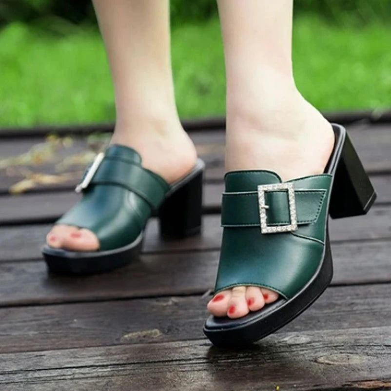 🍒Genuine leather block heel sandals summer square buckle sandals mules large Size shoes 35 -41 Women's mid heels fashion footwear