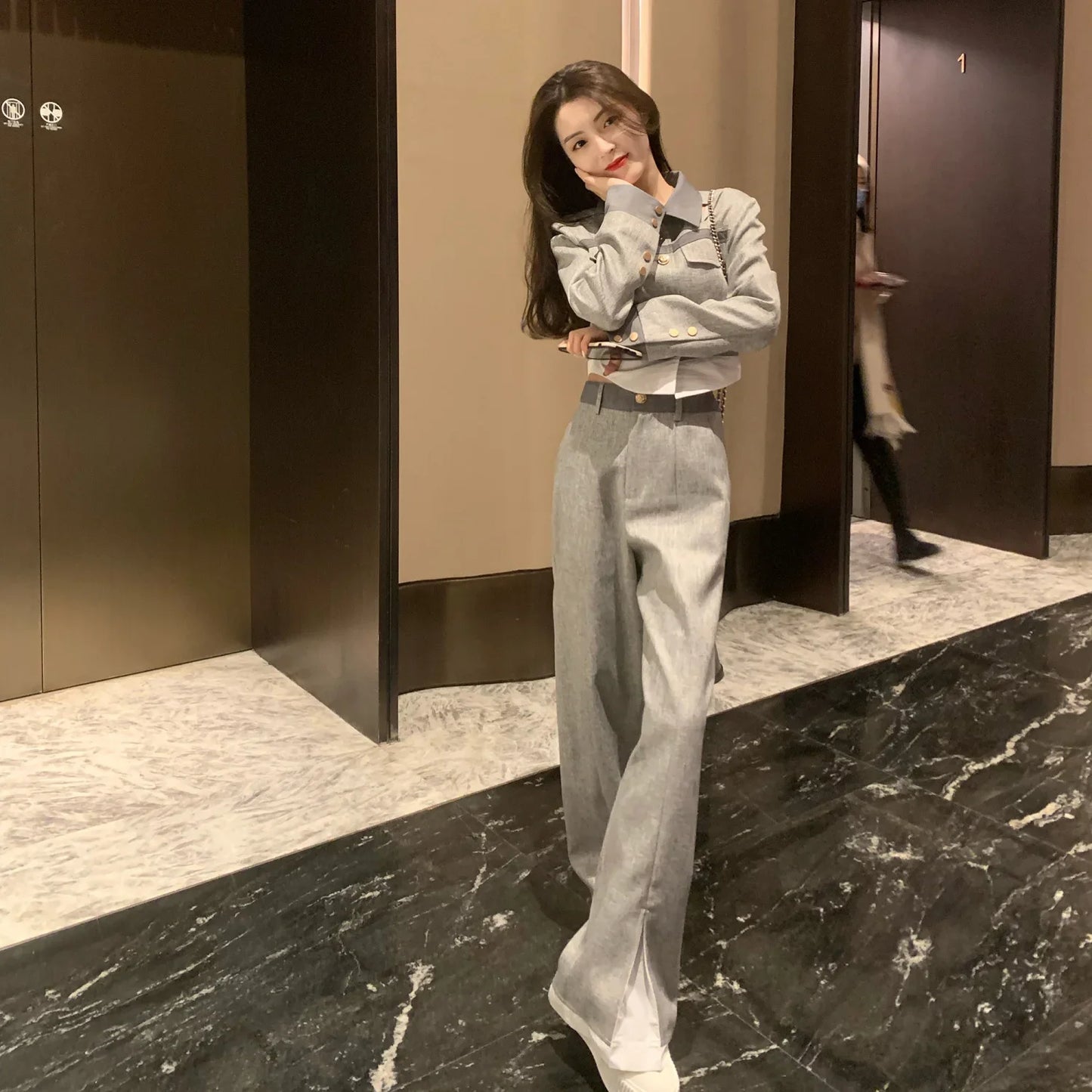 🍒Pants woman office wear and top 2 piece sets for women smart casual clothing suits spring autumn wear Everbody Suits Grey