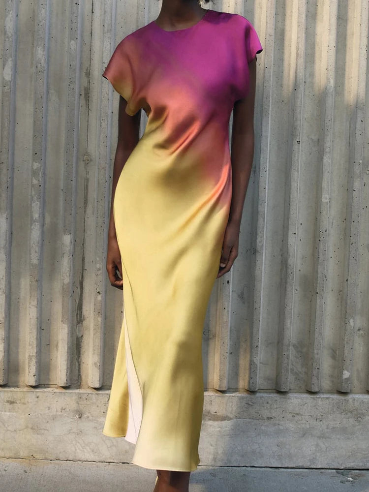 🍒Maxi gradient dress women summer wear elegant short sleeve satin outfit fashion slim fit high street clothing for occasion evening wear party wear Eat Summer Ice cream In Your Ice cream Summer