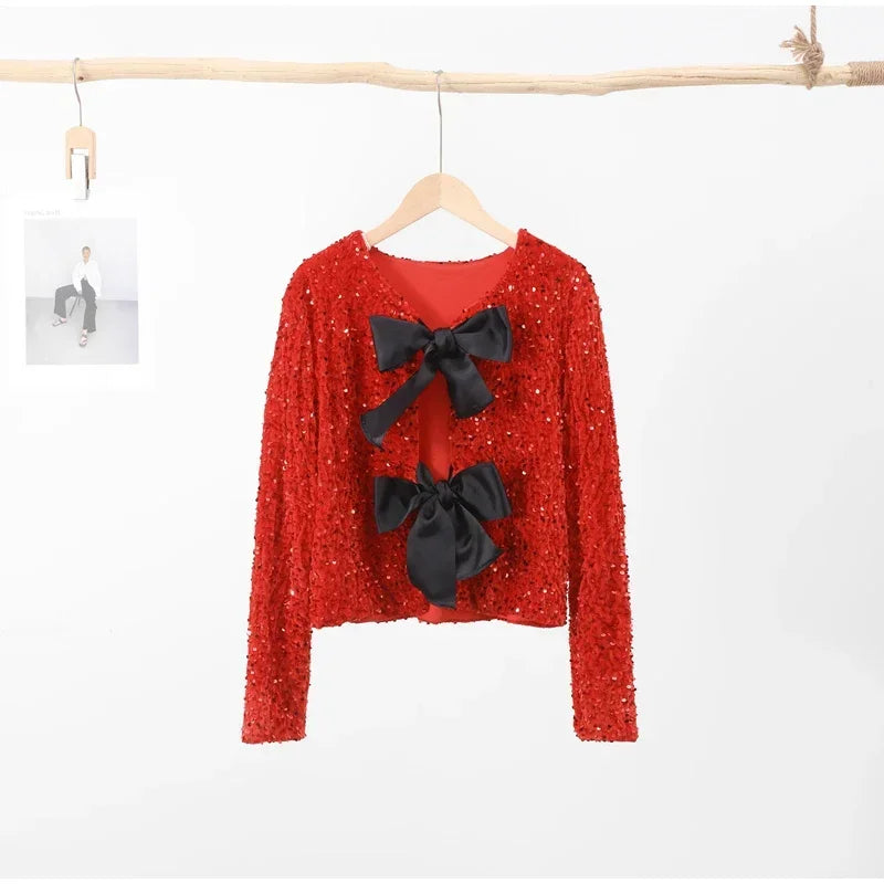 🍒Bow tie sequin dress for women long sleeve shiny mini dress female chic backless evening party dress with back bow crop sequin jacket long sleeve with satin bow front  occasion party wear