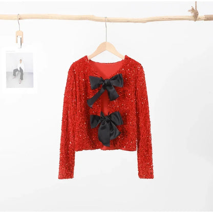 🍒Bow tie sequin dress for women long sleeve shiny mini dress female chic backless evening party dress with back bow crop sequin jacket long sleeve with satin bow front  occasion party wear
