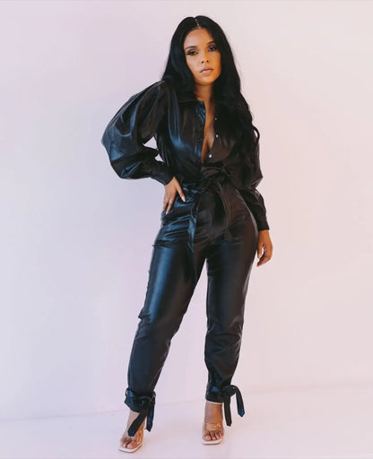 🍒Faux leather pants sets women's matching sets cool pu baggy trousers and matching v-neck leather top smart casual sporty Y2k set two piece womens outifits party wear occasion fashion black set Love Lustre Leather