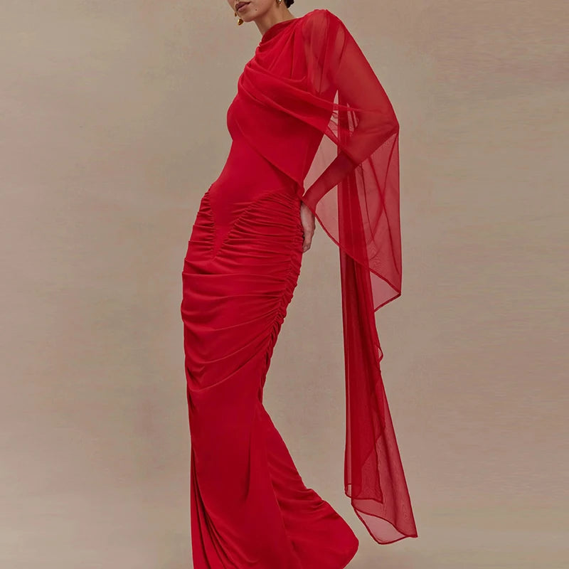 🍒Mesh draped dress solid color outfits o/neck high waist chiffon evening gowns occasion wear maxi shawl dress  Rome-mantic