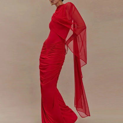 🍒Mesh draped dress solid color outfits o/neck high waist chiffon evening gowns occasion wear maxi shawl dress  Rome-mantic