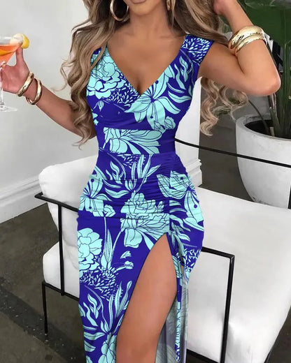 🍒Summer print dress fashion smart casual clothes for women elegant v-neck sleeveless bodycon dress with split front beach party wear Print Your Summer Print