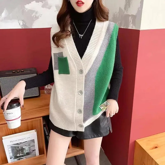 🍒Knitted v-neck vest colour  block waistcoat women sweater sleeveless cardigan pullover for women Flag Your Style