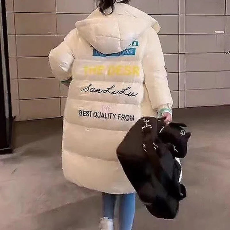 🍒Down cotton Jacket long for women hooded zipper coat winter snow thick warm outerwear Female shiny puffer Get Down Town Down