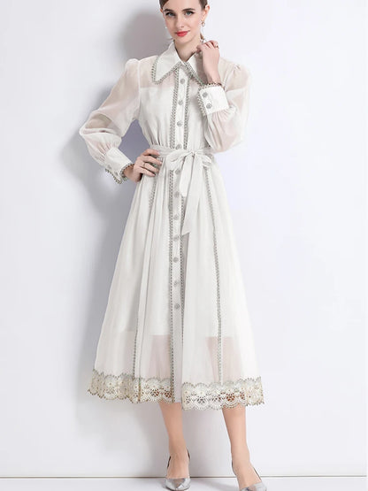 🍒Lace lapel dress single breasted shirt dress long sleeved loose outfit midi fashionable women's clothing party occasion wear Pink Up Your Pretty