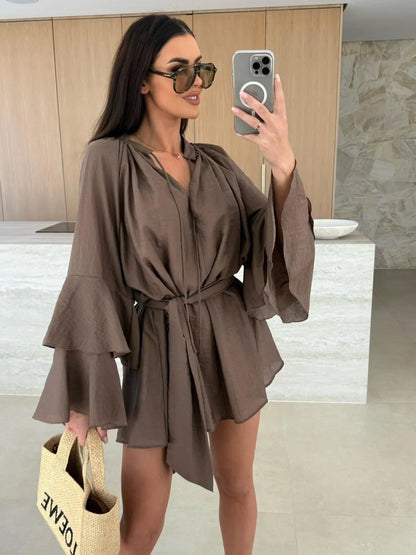 🍒Elegant fold dress women brown deep v-neck long sleeve mini dress female spring summer loose fashion clothes party occasion wear Blouse Up In  a Dress