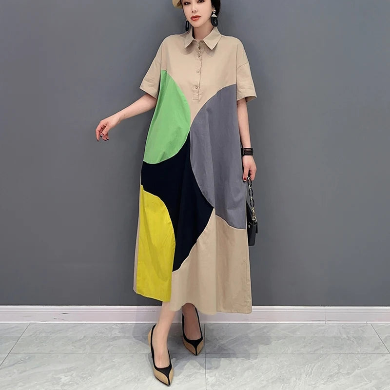 🍒Black patchwork dress loose fit smart casual woman summer shirt style outfit trendy large womens fashion