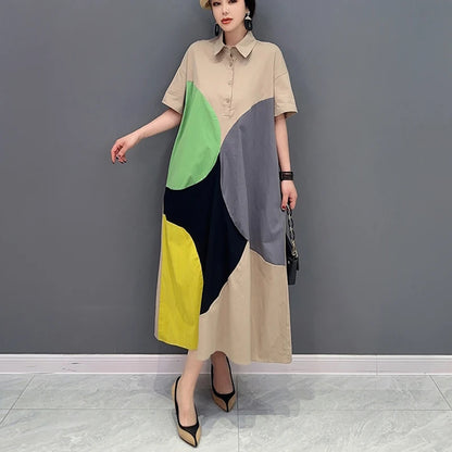 🍒Black patchwork dress loose fit smart casual woman summer shirt style outfit trendy large womens fashion