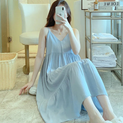 🍒Sleeveless night dress for Women breathable viscose cotton camisole nightie floral  night dress loungewear summer wear holidaywear nightwear Fresh Florals