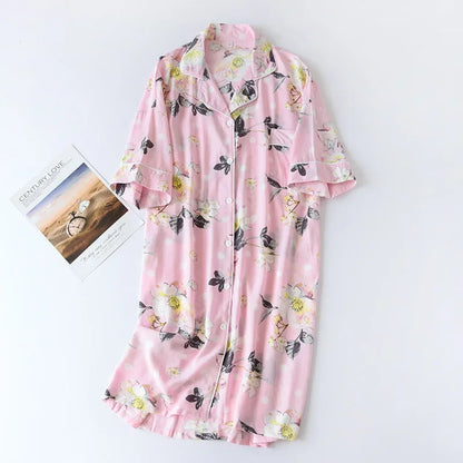 🍒Womens pyjama nightie cotton viscose comfy cardigan nightdress loose fit short sleeve nightgown floral print night wear sleep dress Comfort Cool