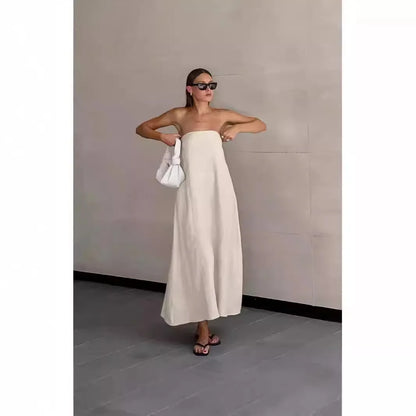 🍒French cotton dresses linen holiday clothes strapless outfits high waist backless summer clothing long dress for women maxi fashion Ladies Line Up For Your linen