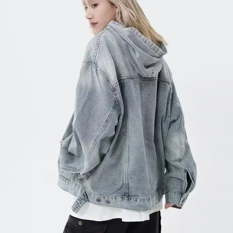 🍒Spring autumn jacket women denim hoodies for women ladies Jean pullover tops vintage unisex long Sleeve hooded baggy top