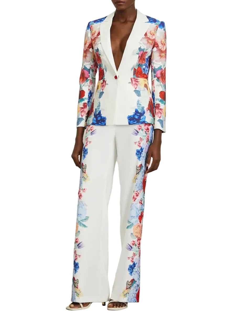 🍒Printed two piece pant set for women lapel long sleeves jacket  blazer and high waist wide leg trouser set floral fashion occasion wear party wear  keep aSIDE of FLORAL and SUITs