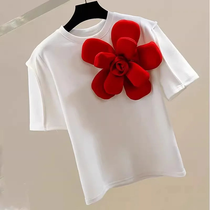🍒 3D flower t-shirt o-neck white tee Y2k short sleeve loose top for summer women sweet fashion clothing Big Up Flower T-shirts