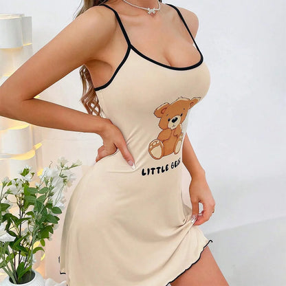 🍒spaghetti straps sleep dress nightwear fashion letter and bear print sleeveless flounce lettuce hem comfortable loungewear clothes for home mini dress holiday  Wear Your Bear