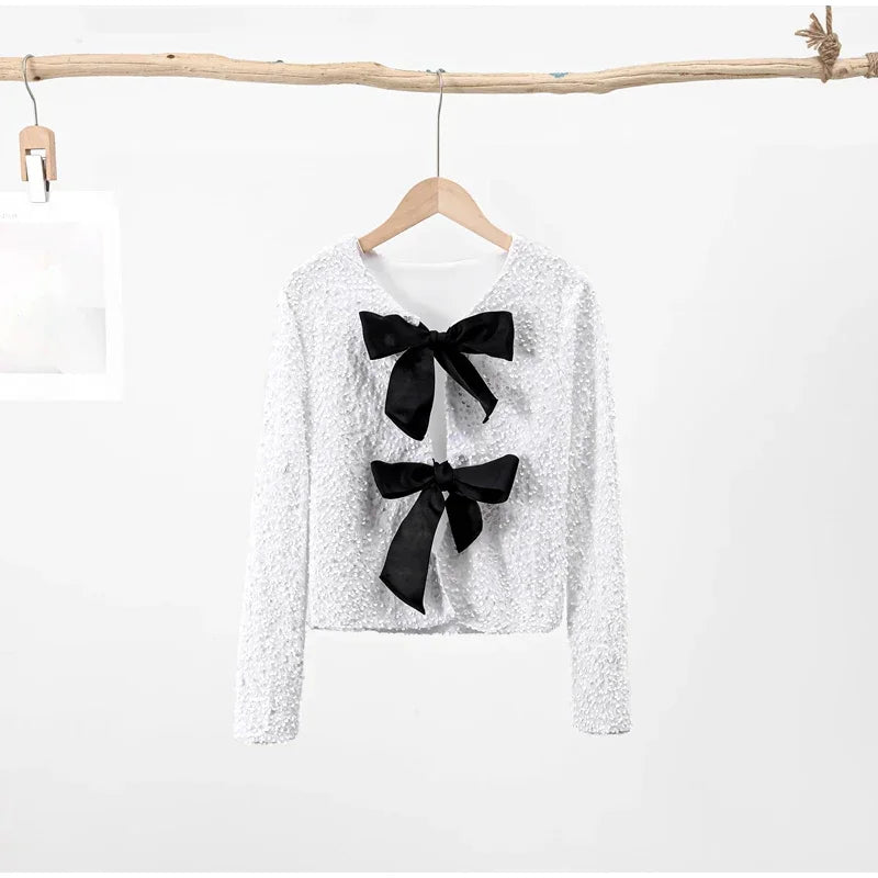 🍒Bow tie sequin dress for women long sleeve shiny mini dress female chic backless evening party dress with back bow crop sequin jacket long sleeve with satin bow front  occasion party wear