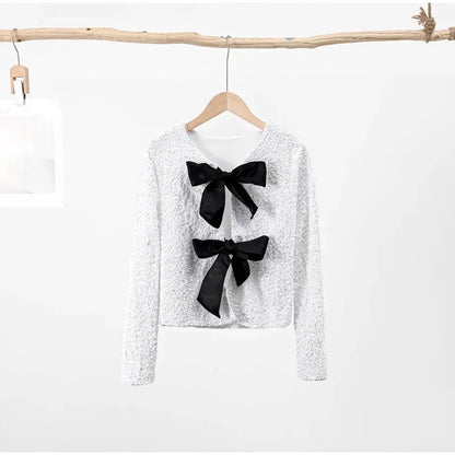 🍒Bow tie sequin dress for women long sleeve shiny mini dress female chic backless evening party dress with back bow crop sequin jacket long sleeve with satin bow front  occasion party wear