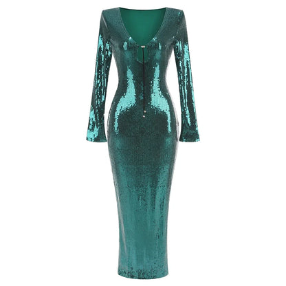 🍒V Neck sequin maxi dress long sleeve sequin bodycon celebrity night gown womens party outfit Be The Jewel In Your Own Crown
