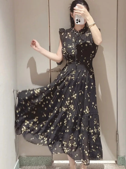 🍒Mid-length dresses for women printed high waisted outfit gentle literary pleated slim exquisite outfit smart casual flloral clothing