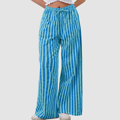 🍒Stripe wide leg pants high waist ealstic trousers drawstring wide leg baggy bottoms womens casual high street clothing with pocket Get slouchy In Stripy Slacks