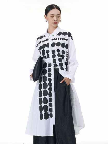 🍒Dot shirt black and white elegant plus size midi dress spring autumn fashion long sleeve fashion smart casual wear women Spot On Shirt