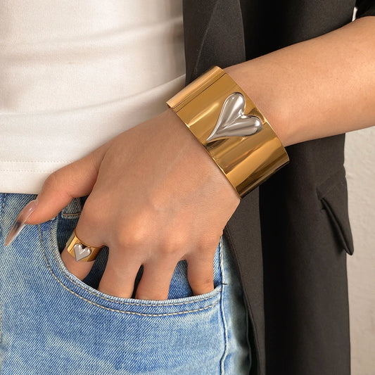 🍒Stainless steel wide bracelet women's bangle with heart gold matching ring available silver colour bracelet waterproof teen gift 316 quality fashion Jewellery smart casual Your Heart is Beating For A Love Bangle