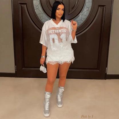 🍒T-shirt tops for women v-neck mesh top loose long floral tee casual Y2k streetwear elegant clubing t-shirts summer fashion wear Lace Mesh top A1 To The O1