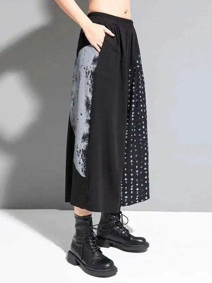 🍒High waist elastic black pattern printed wide leg pants loose fit trousers for smart or casual wear women street wear fashion party bottoms No Bottleing Out With These Bottoms Just Bottoms Up!