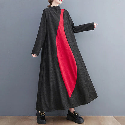 🍒Long sleeve maxi dress red and black outfit long sleeve loose  women smart casual clothes with patchwork loose fit a-line occasion wear chic holiday wear oversize fashion  Black Out Boring Clothes And Get This Red